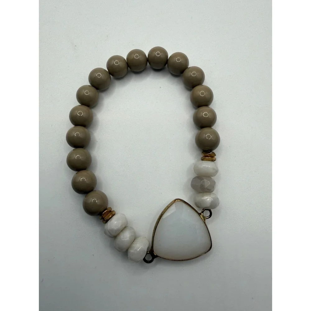 Boho Taupe and‎ White Beaded Stretch Bracelet with Triangle Stone Focal Accent